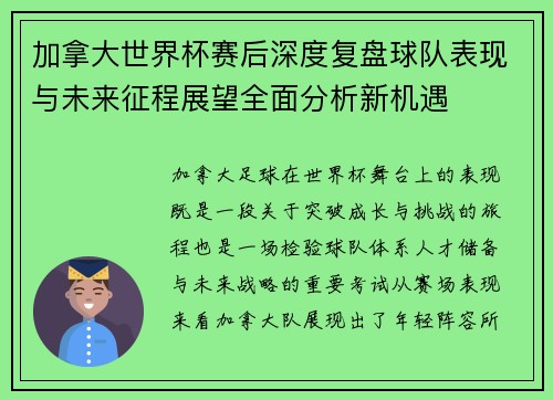 加拿大世界杯赛后深度复盘球队表现与未来征程展望全面分析新机遇